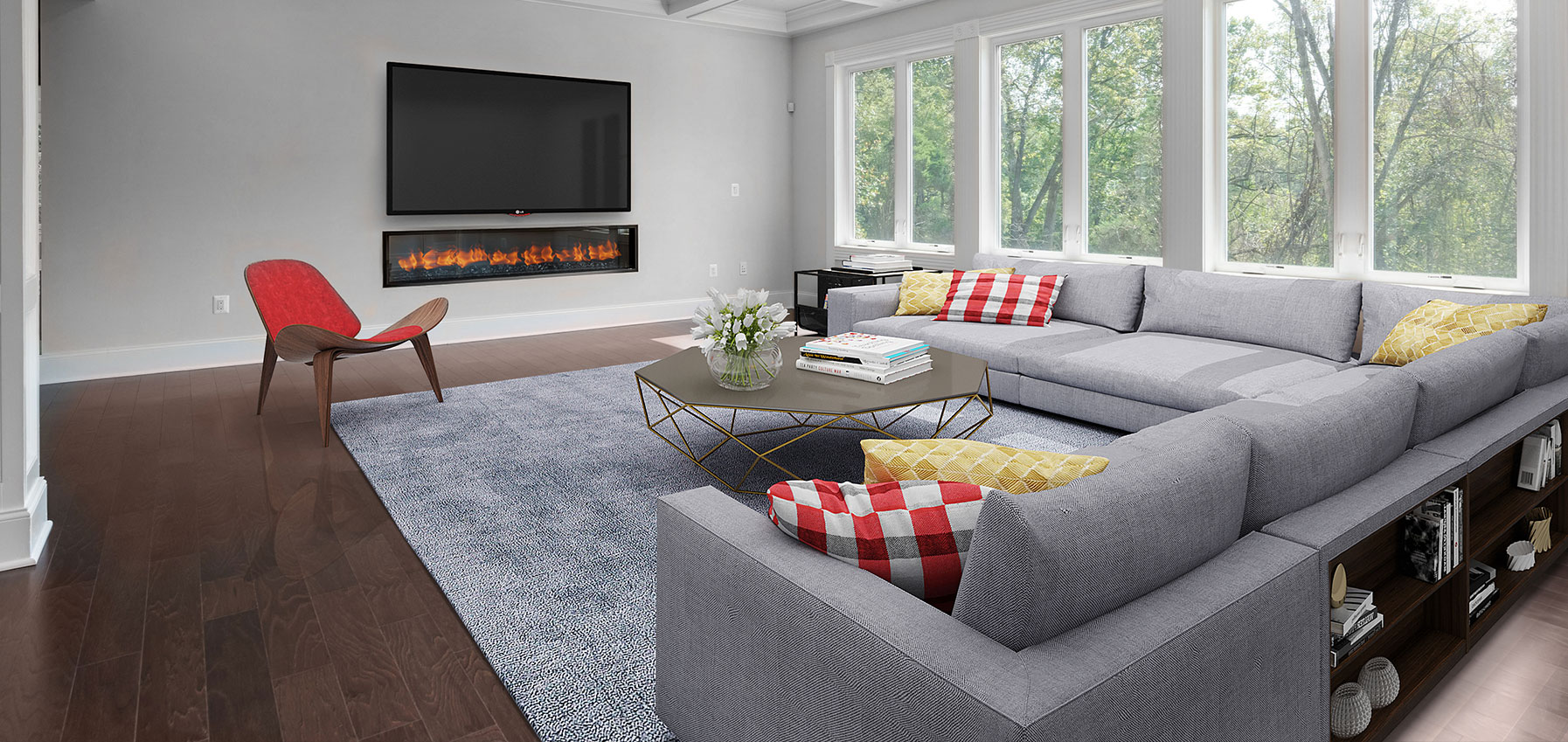A family room with large row of windows and linear fireplace with flames