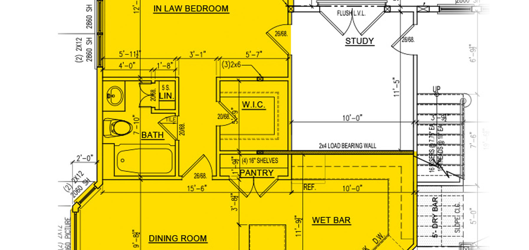 a highlighted partial floor plan showing and In Law Suite with private bath, wet bar and dining room