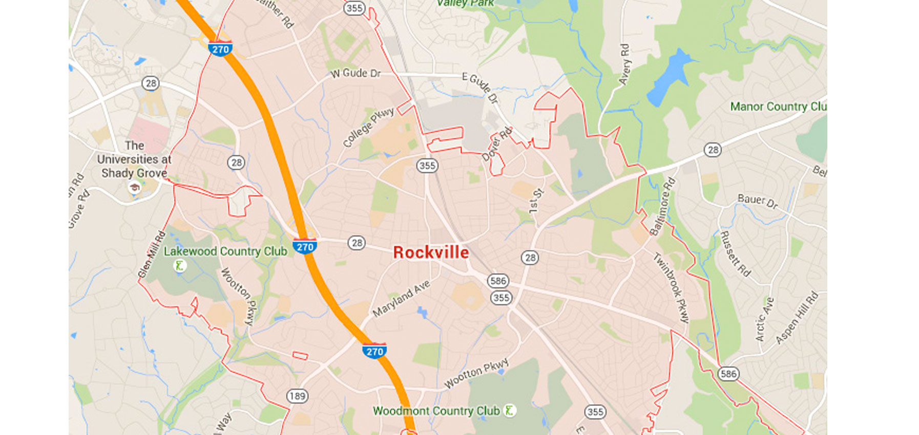 A map showing the outline of Rockville limits