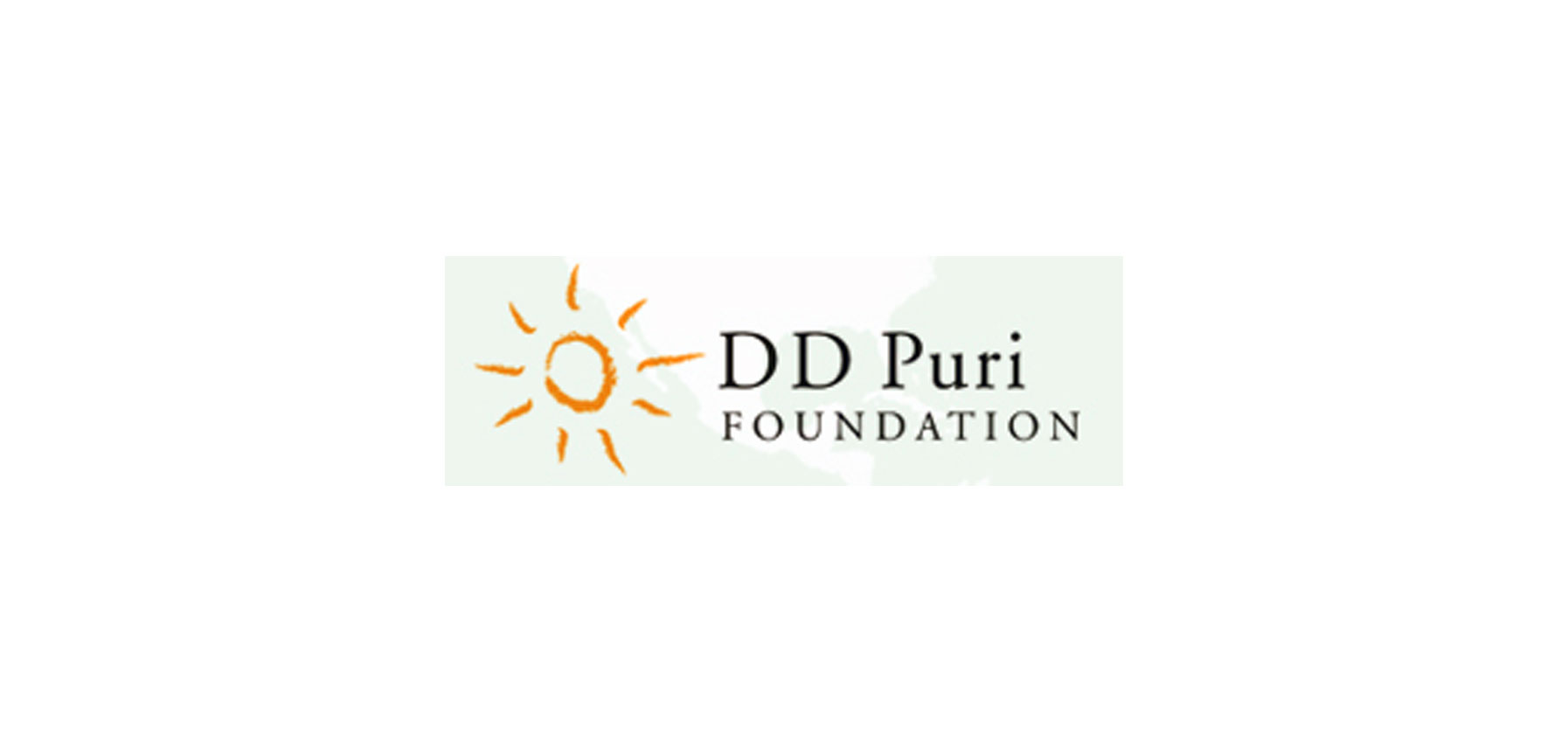 DD Puri foundation - logo shows hand drawn sun and international map in the background