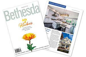 The cover of the May/Jun 2020 issue of Bethesda magazine and a page featuring Classic Homes of Maryland, showing images of a model home.