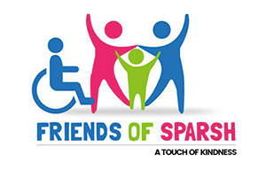 Friends of Sparsh logo, 'a touch of kindness' tagline, image shows two adults, a child and person in a wheel chair.
