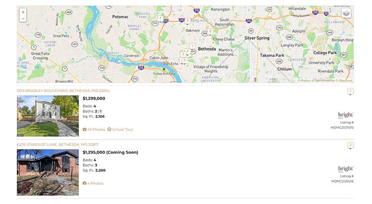 A screenshot of a land search showing a map of Bethesda and two teardown listings.