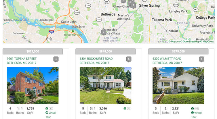 A screenshot of the teardown search results pages, showing an area map and MLS listings of homes in the designated area.