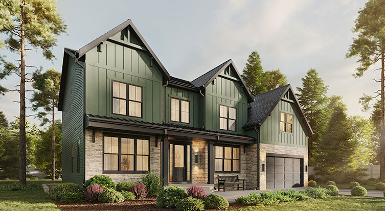 A modern farmhouse with green board and batten, dark brown windows and trim, and beige ledge stone.