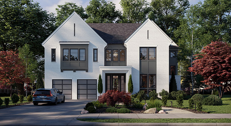 A custom crafted home exterior blending modern farmhouse with modern tudor elements, patterned panel and window assemblies, and other custom detailing.