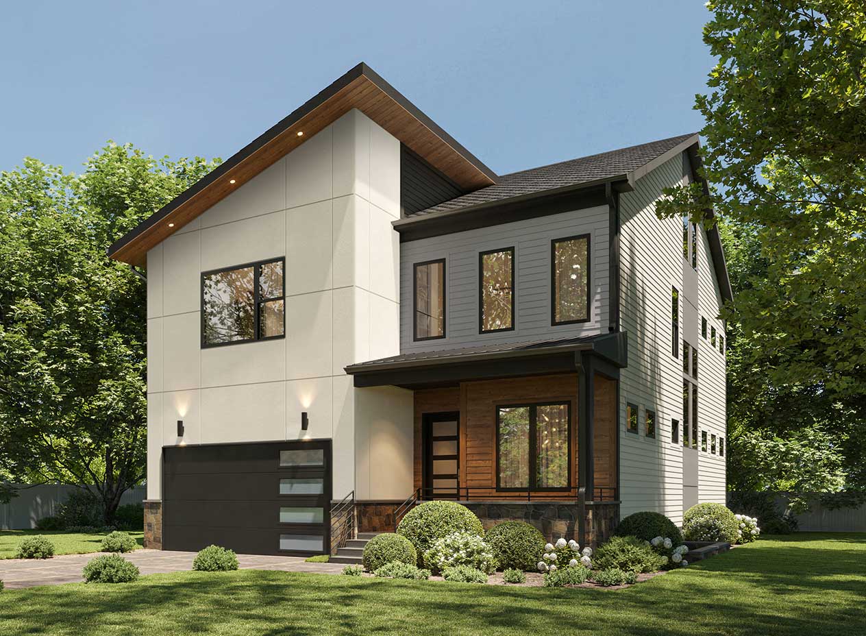 A rendering of a contemporary elevation on a narrow home with large white geometric shape to the left above the garage, grey and wood panels to the right.