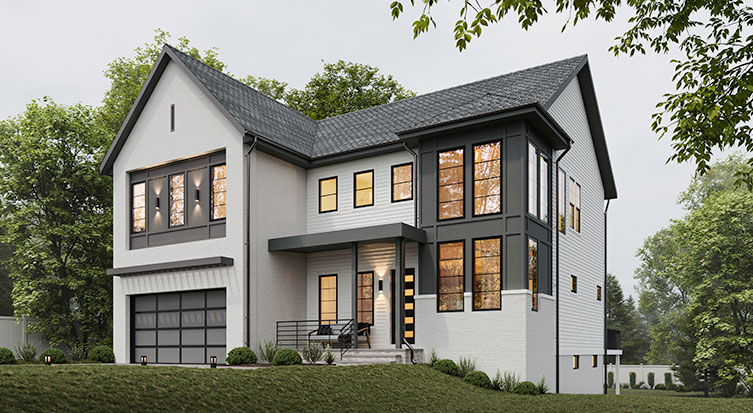 A transitional modern custom home elevation with white siding, grey patterned panels, inudstrial portico and dark horizontal iron porch rails.