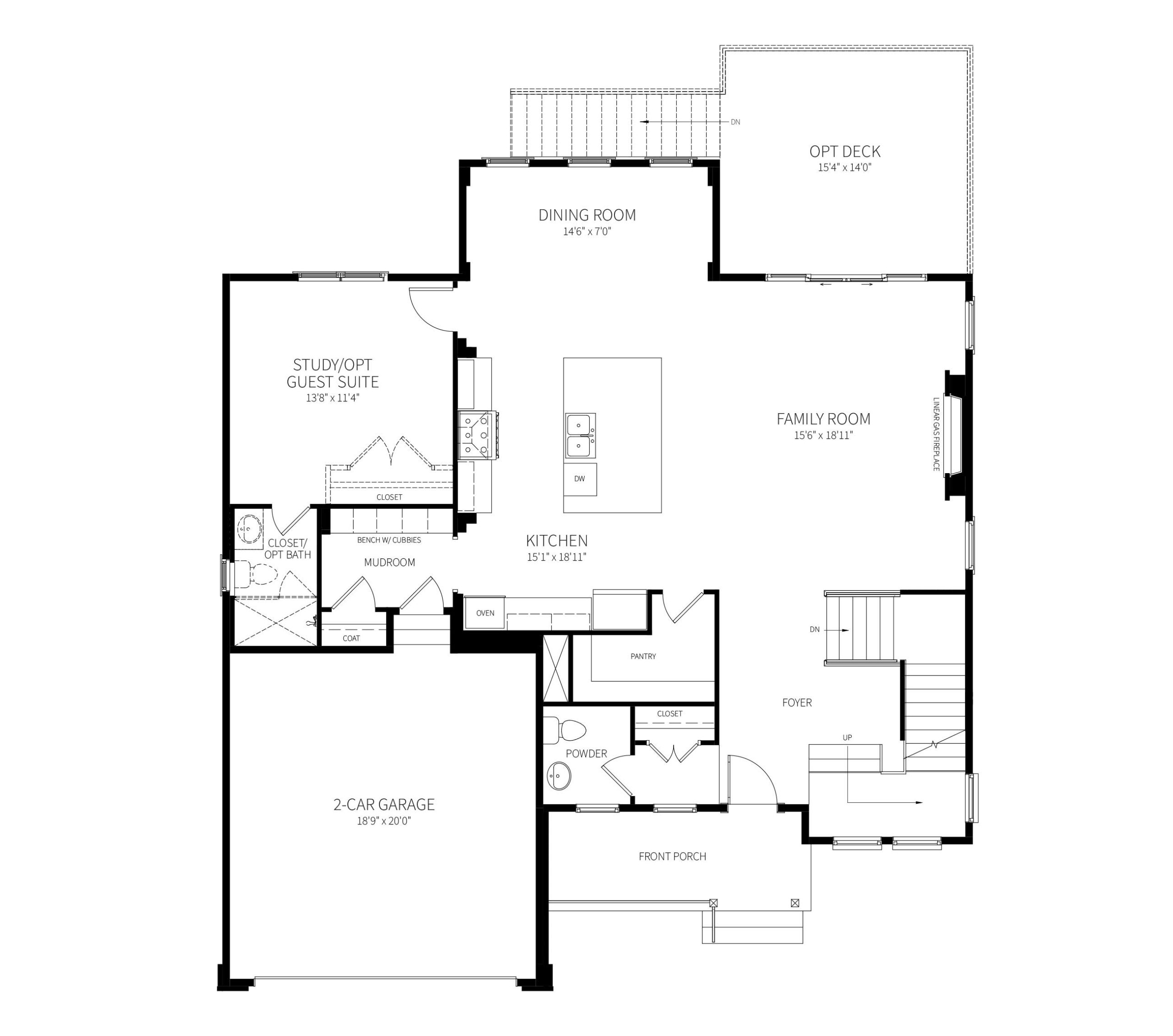 The Bradley first floor plan featuring a Guest Suite with Bath, and expansive Family Room, Kitchen and Dining Room Area.