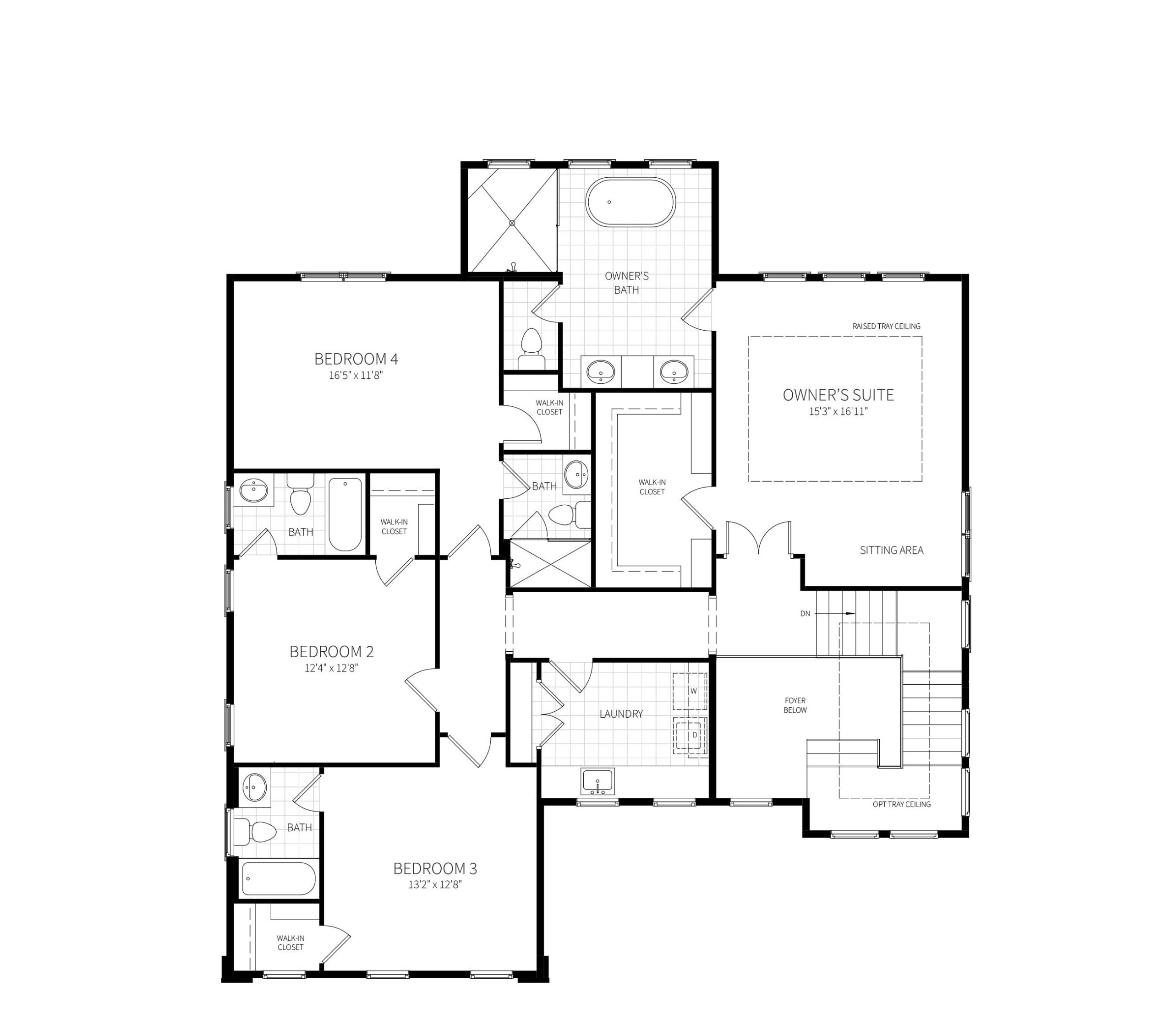 Second floor plan of the Bradley showing generous owner's suite, and three additional bedrooms and upstairs laundry room.