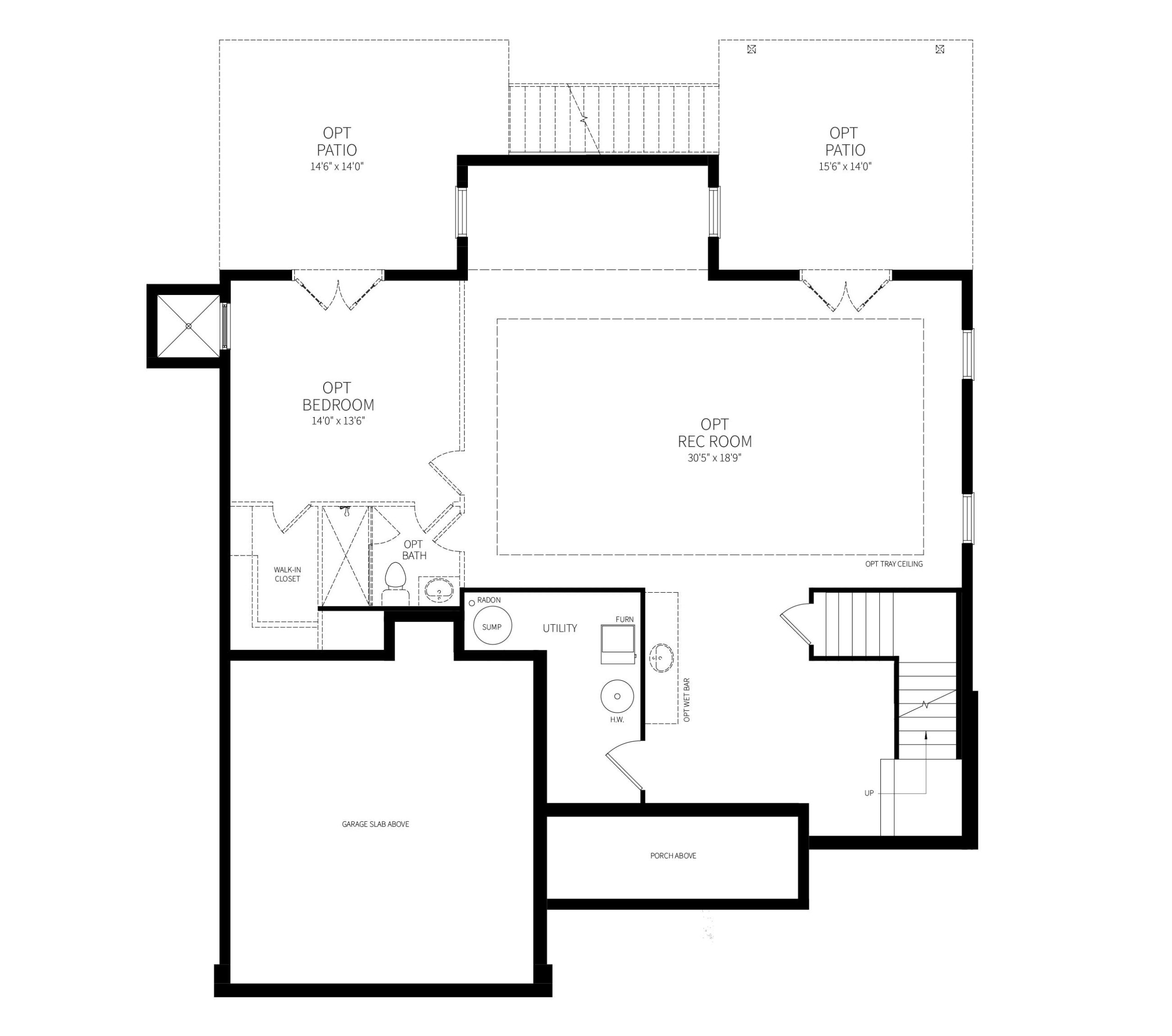 Optional basement plan for the Bradley model showing Rec Room, Bedroom with Bath and dual walk-out patios