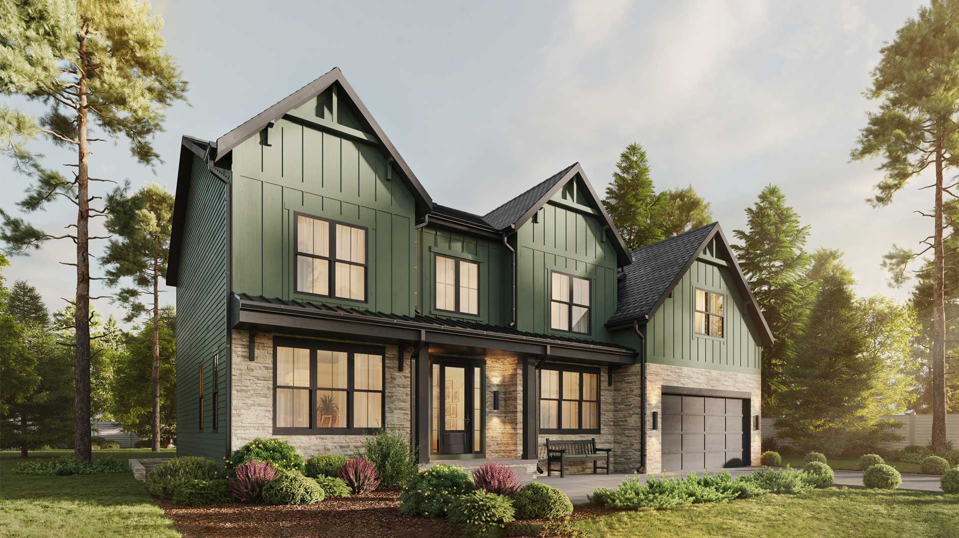 A modern farmhouse with green board and batten, dark brown windows and trim, and ledge stone.