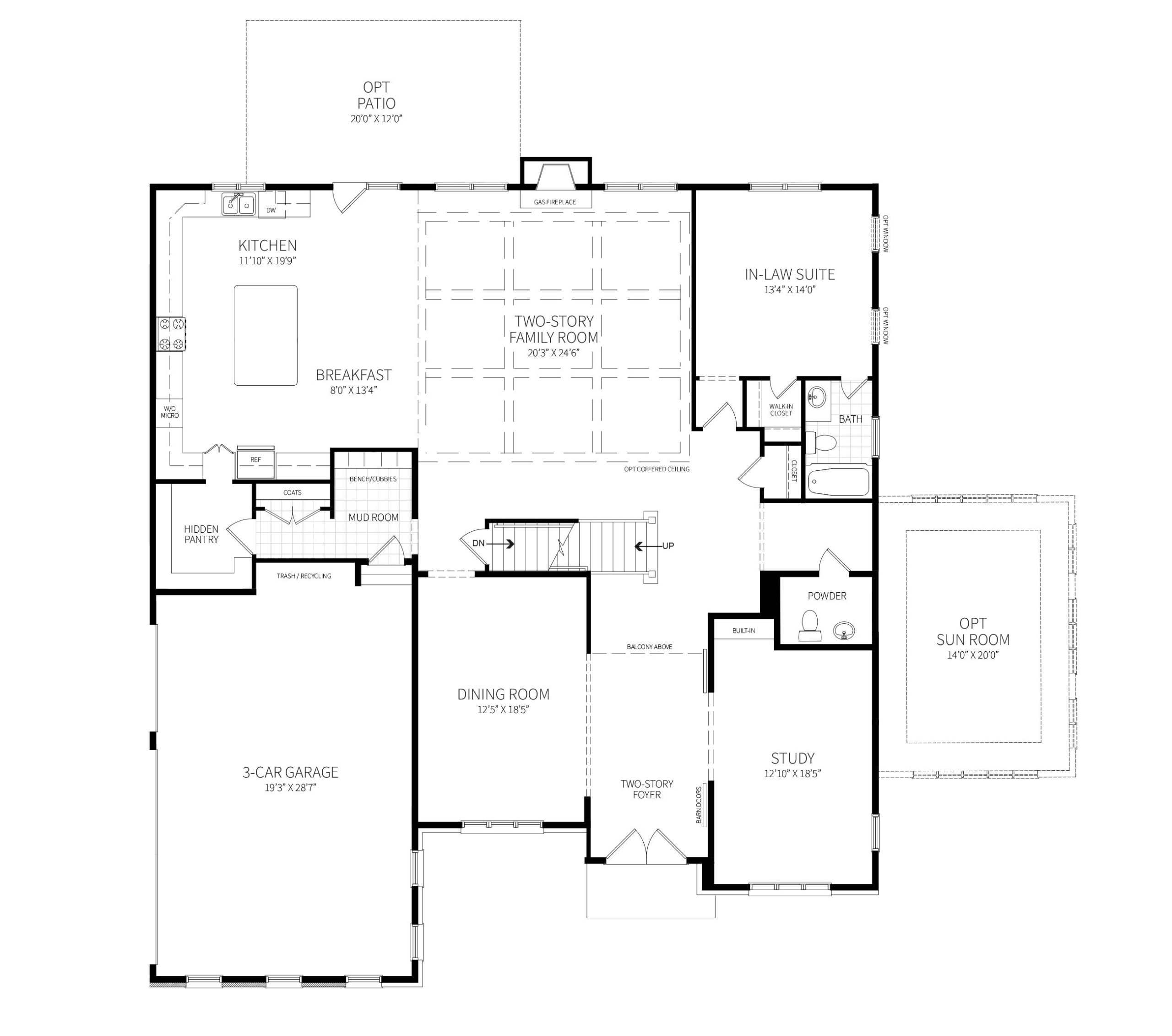 the first floor plan of the home proposed for 10301 South Glen Rd, featuring an in-law suite with bath.