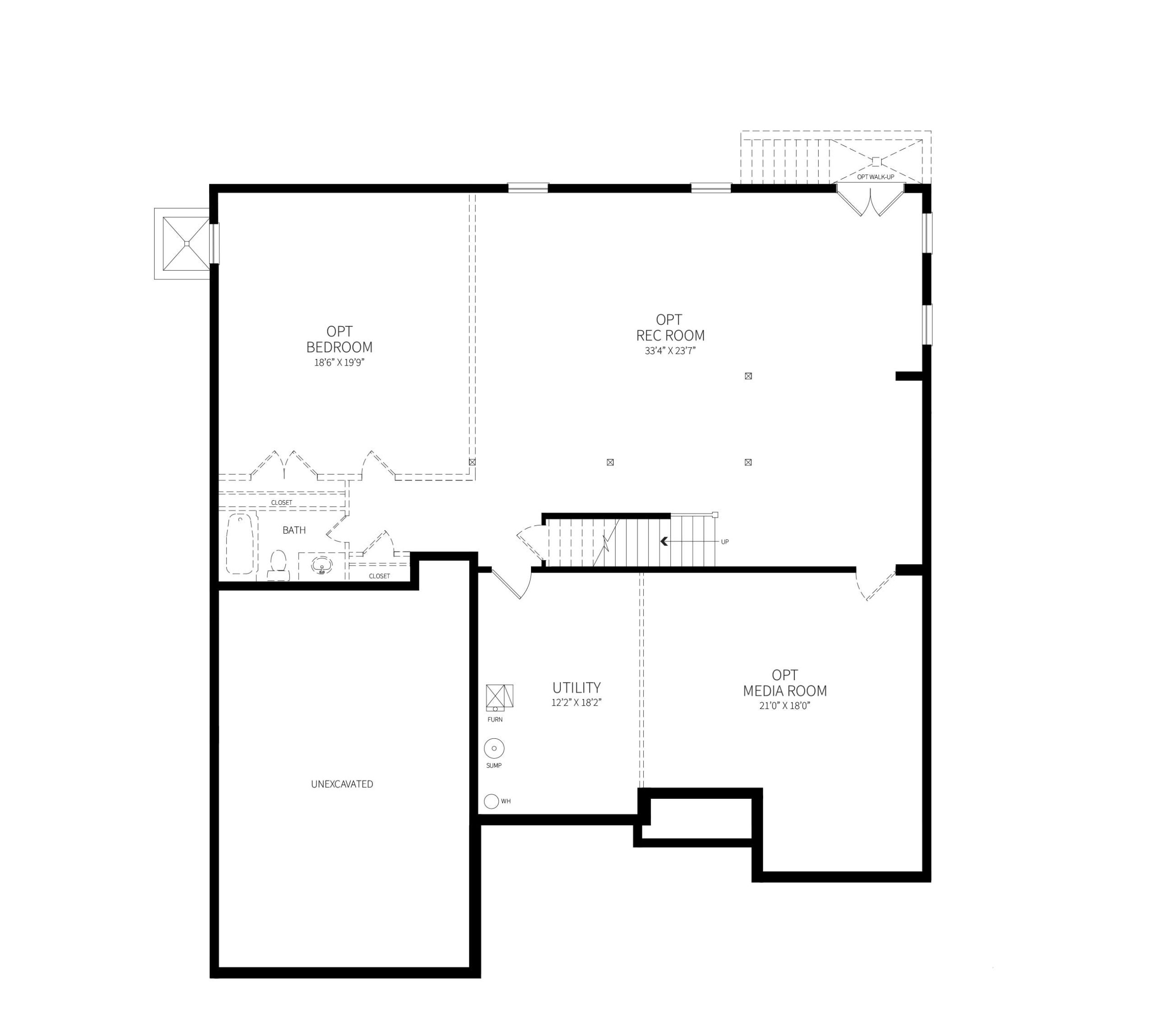 And optional basement plan for the Glenstone model, showing Rec Room, Bedroom with Bath and Media Room.