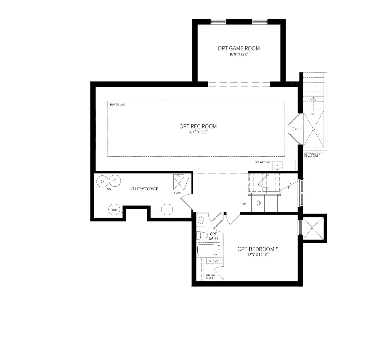 A proposed optional Basement plan for the Willow model featuring a Rec Room, Game Room and Bedroom with Bath.