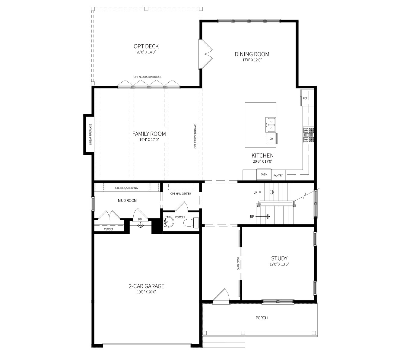 The first floor plan of the Willow model, narrow and deep, with partial front porch and expansive Family Room, Dining Room, Kitchen area.