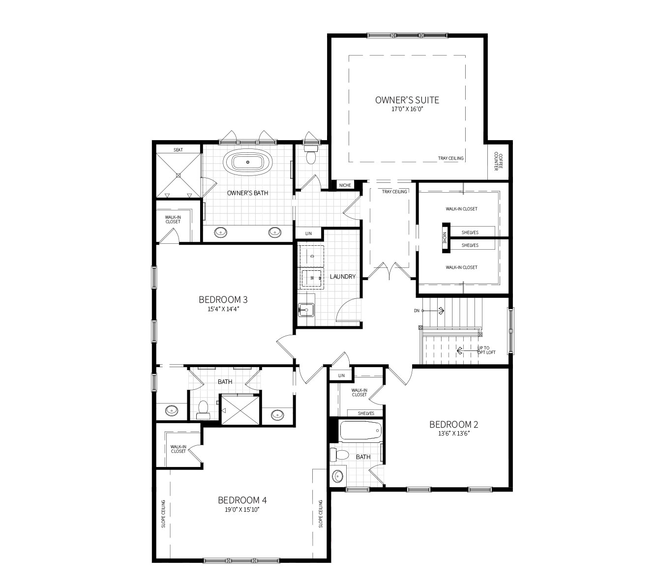 The second floor plan of the Willow model, featuring owner's suite, and 3 Bedrooms, each with Walk In Closet and bathroom access.