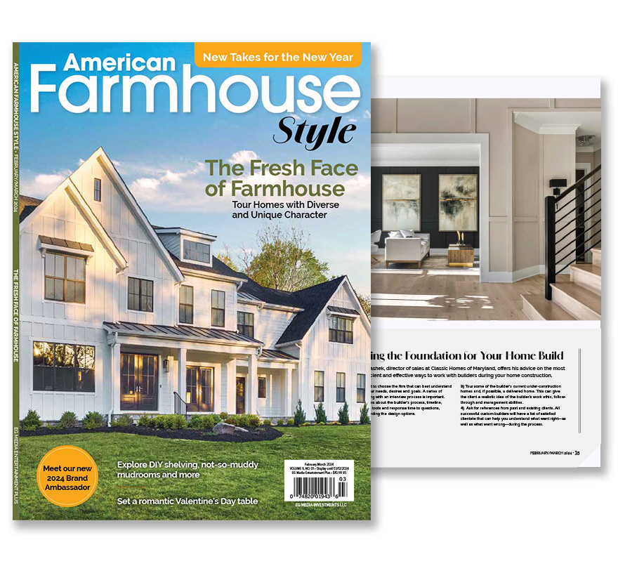 American Farmhouse Style magazine featuring a white classic homes built farmhouse on the cover and spread underneath