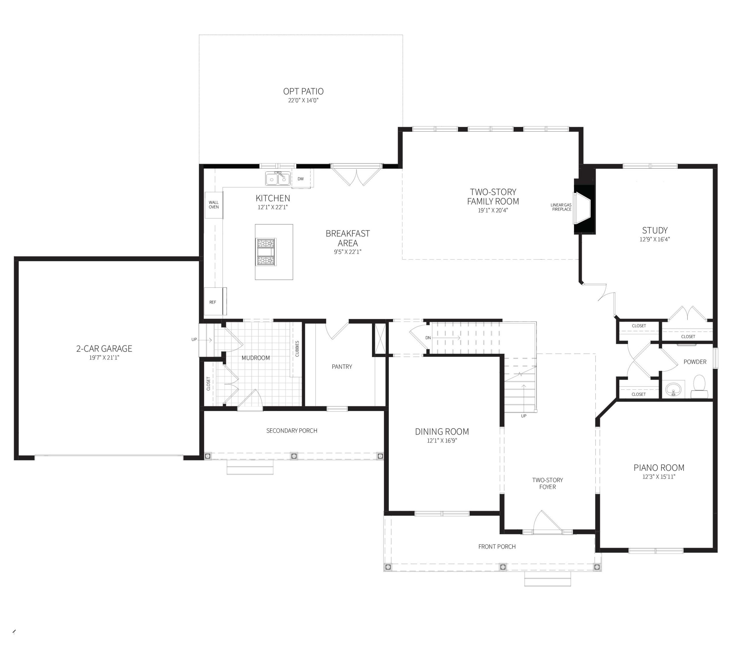 The Avenel model first floor plan featuring dual front entrances with porches, and wide open spaces in the front and rear of the home.