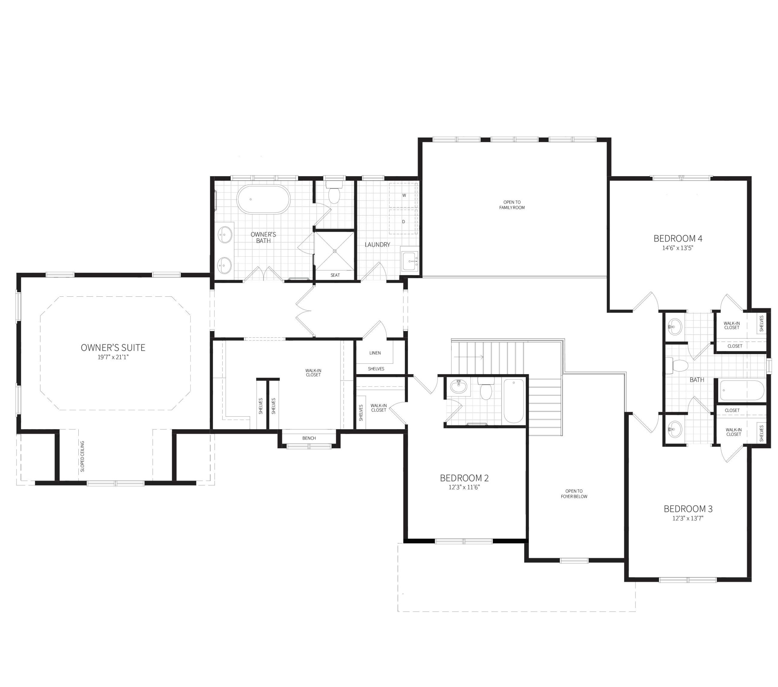 The second floor plan of the Avenel model, featuring an expansive Owner's Suite and three additional bedrooms.