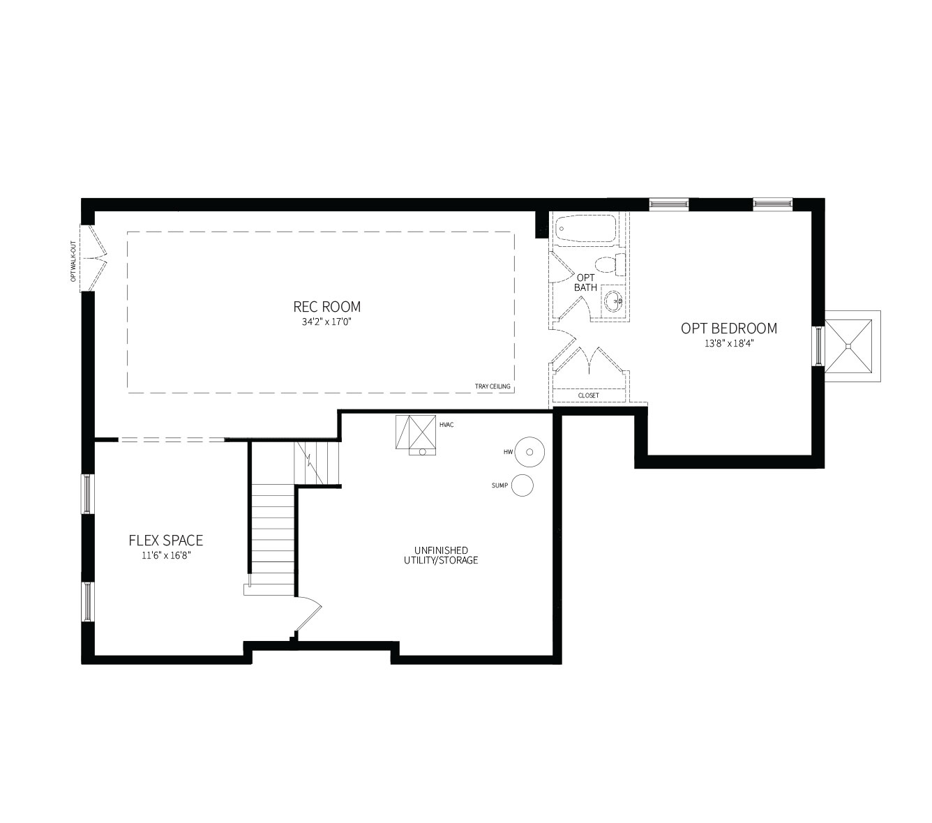 The proposed optional basement plan for the Clifton model, showing a Rec Room, Bedroom with Bath and additional Flex Space.