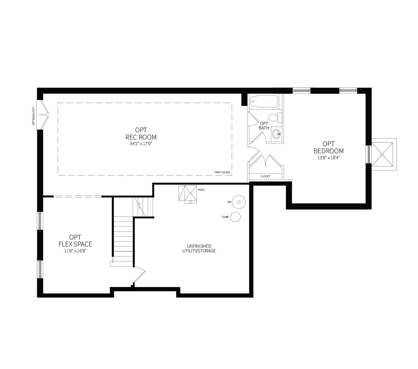 A proposed basement plan for the Clifton model home, showing rec room, bedroom/bath and flex space.