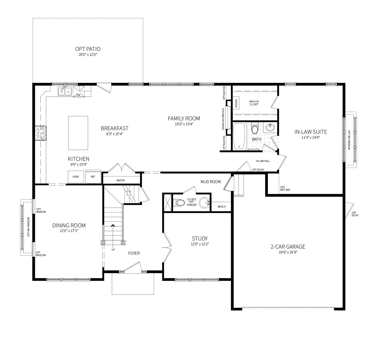 The Clifton model first floor plan featuring a complete In-Law Suite with walk-in closet and full bath.