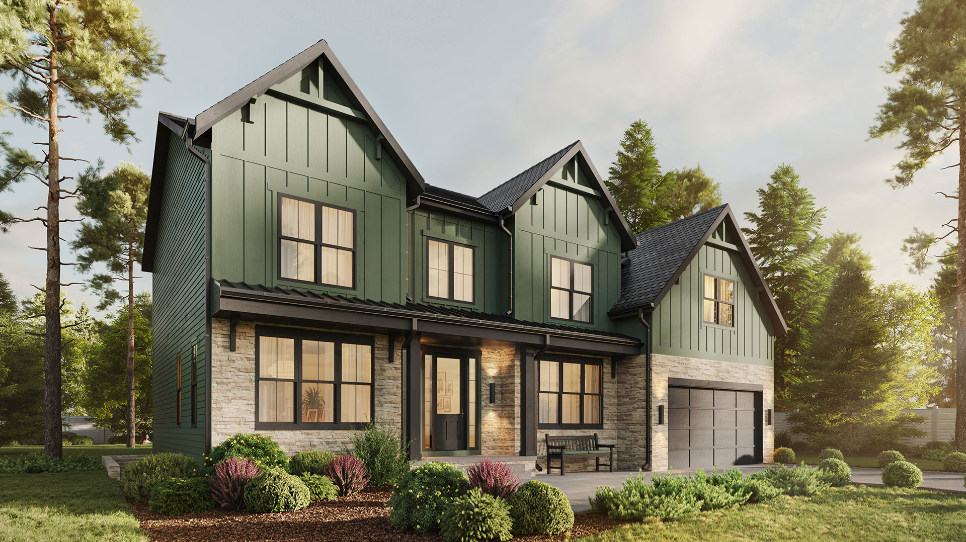 A modern farmhouse with green board and batten, dark brown windows and trim, and ledge stone.