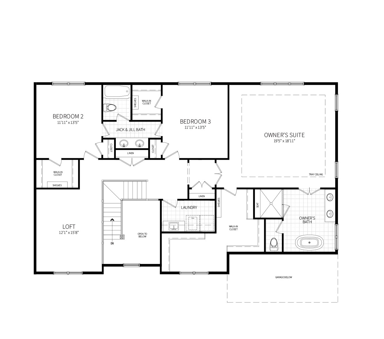 The second floor plan for the Clifton model, featuring Owner's Suite, Loft and two additional bedrooms with shared bath.