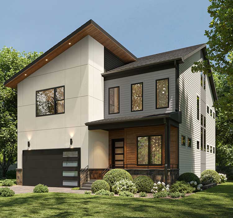 A rendering of a contemporary elevation on a narrow home with large white geometric shape to the left above the garage, grey and wood panels to the right.