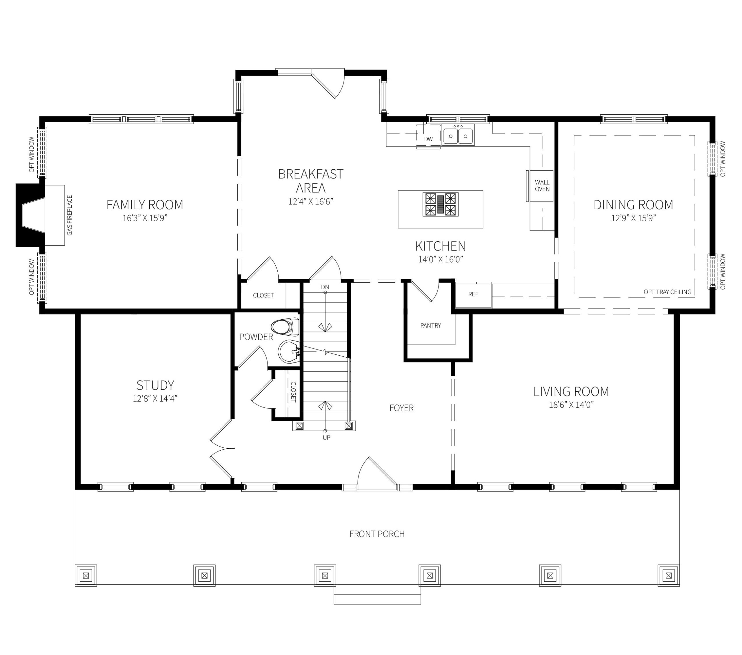 The Goldsboro first floor plan featuring a full width front porch, and expansive open Family Room / Kitchen / Breakfast area.