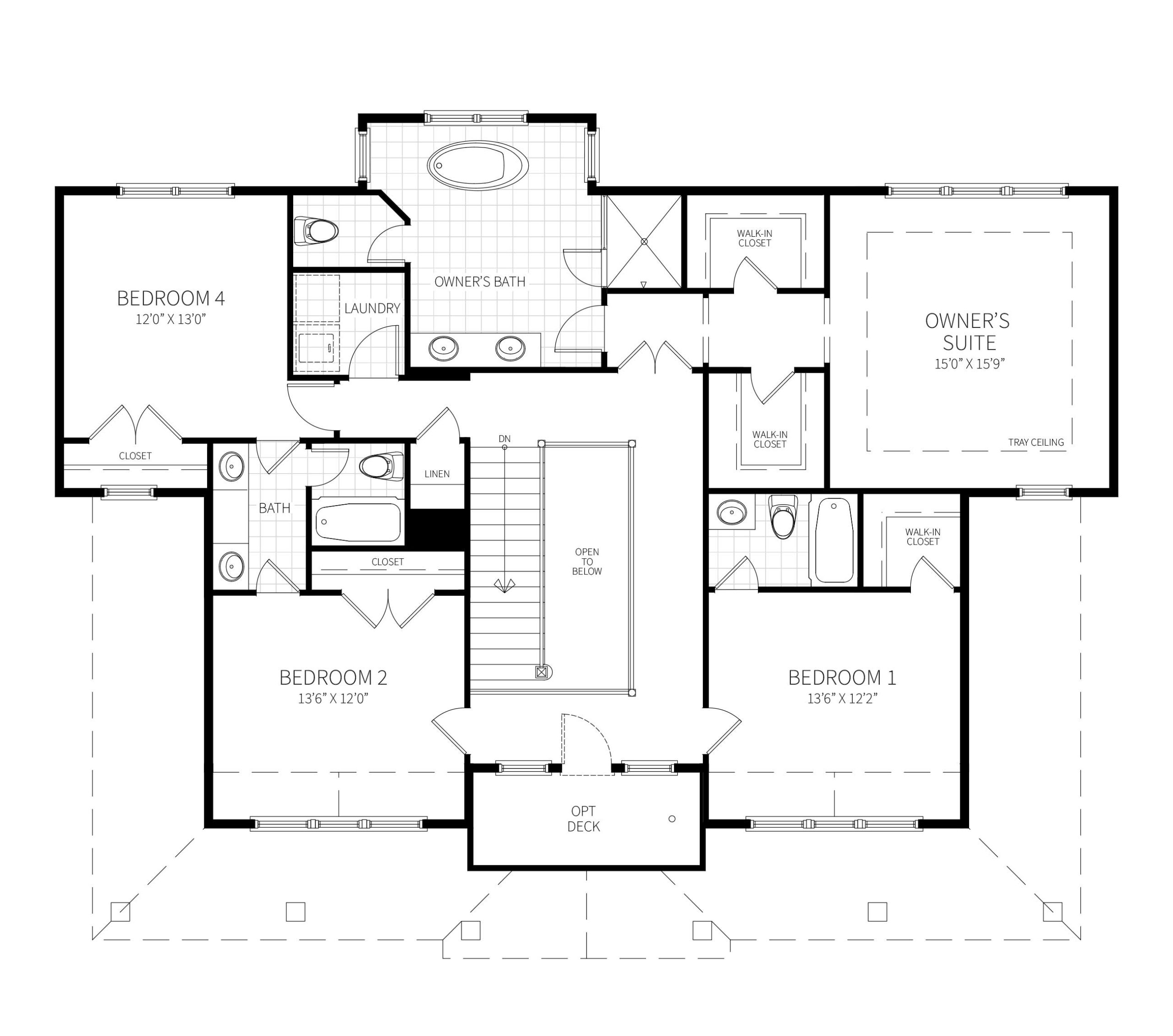 The second floor plan of the Rosedale, featuring four bedrooms, each with direct bathroom access.