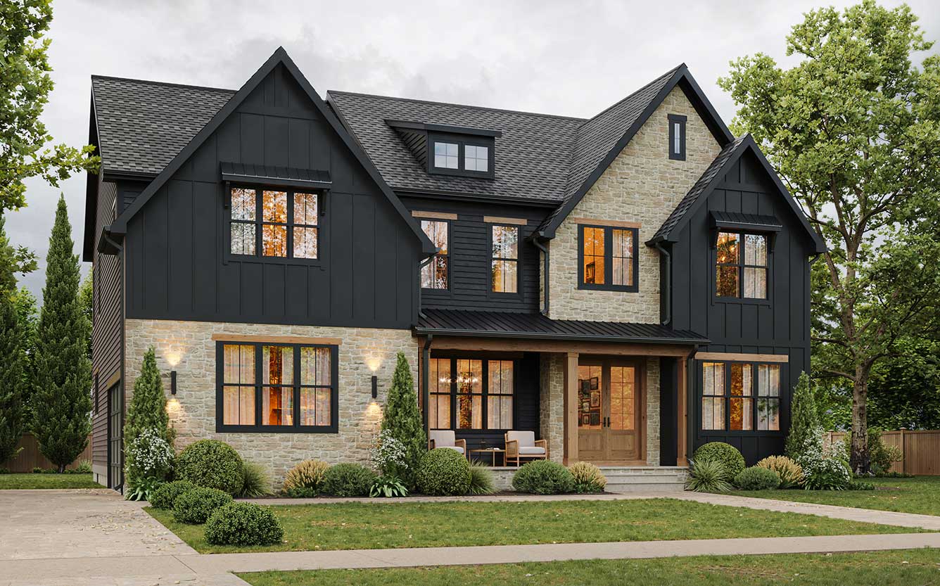 a modern farmhouse elevation for the Hampden model in black board and batten with natural stone, wood and dark windows