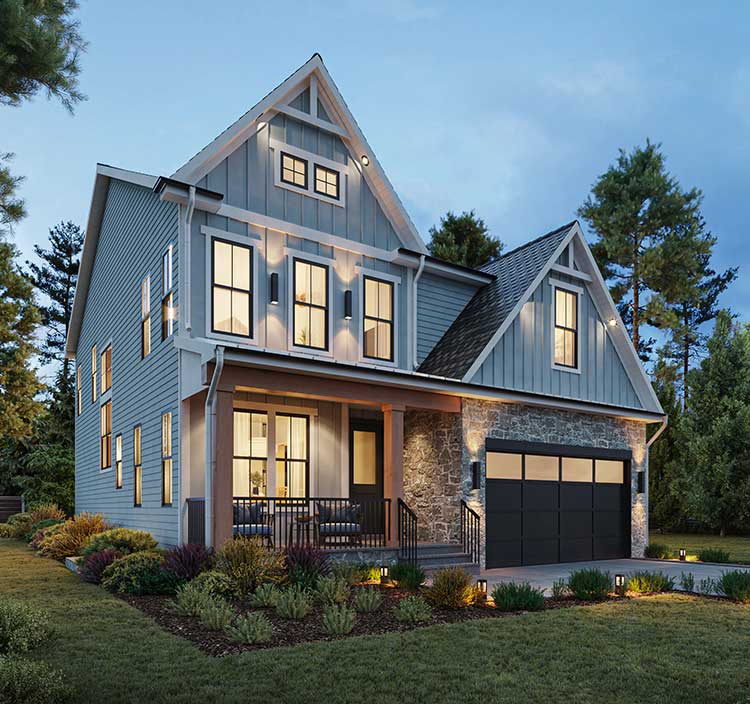 A narrow modern farmhouse front exterior in blue board and batten with dark windows, white trim and natural stained wood posts.