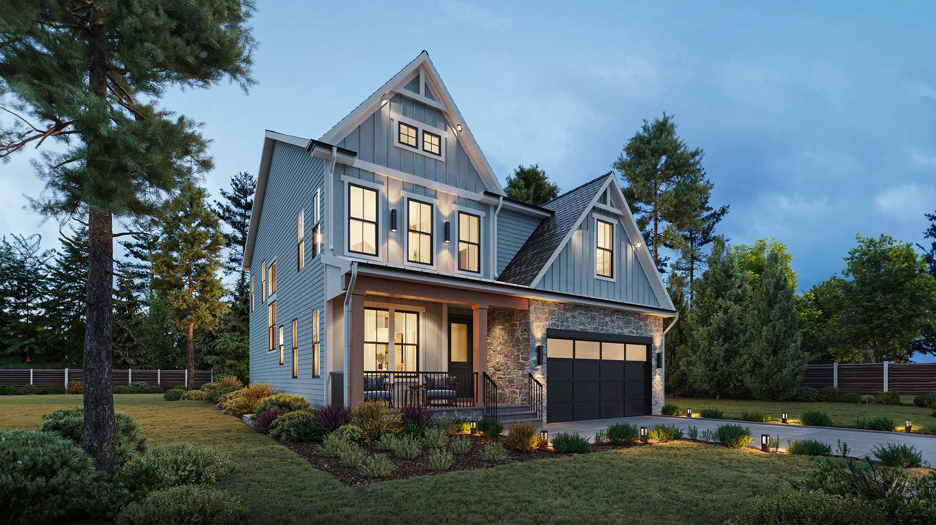 A narrow modern farmhouse front exterior in blue board and batten with dark windows, white trim and natural stained wood posts.