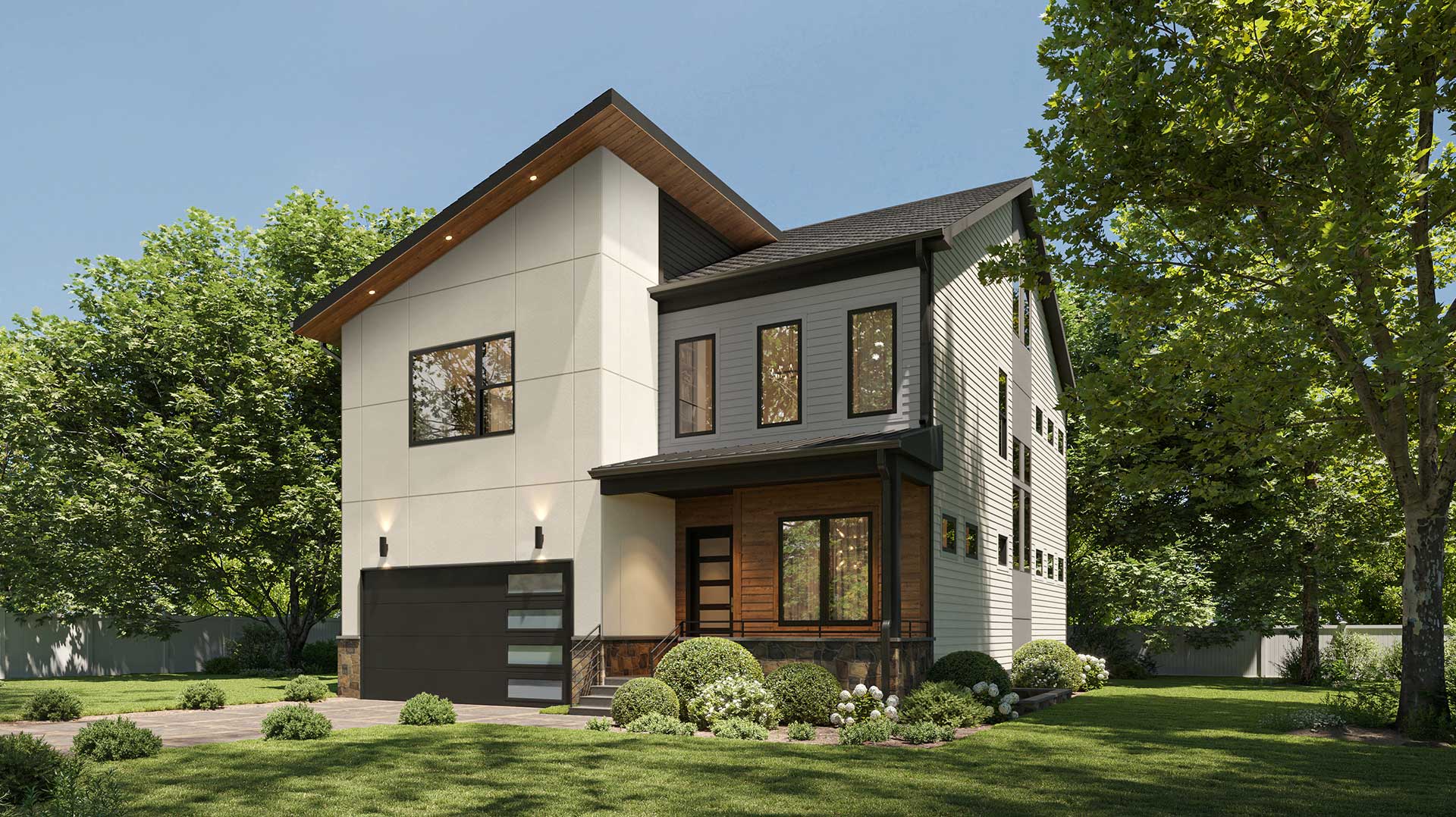 A rendering of a contemporary elevation on a narrow home with large white geometric shape to the left above the garage, grey and wood panels to the right.