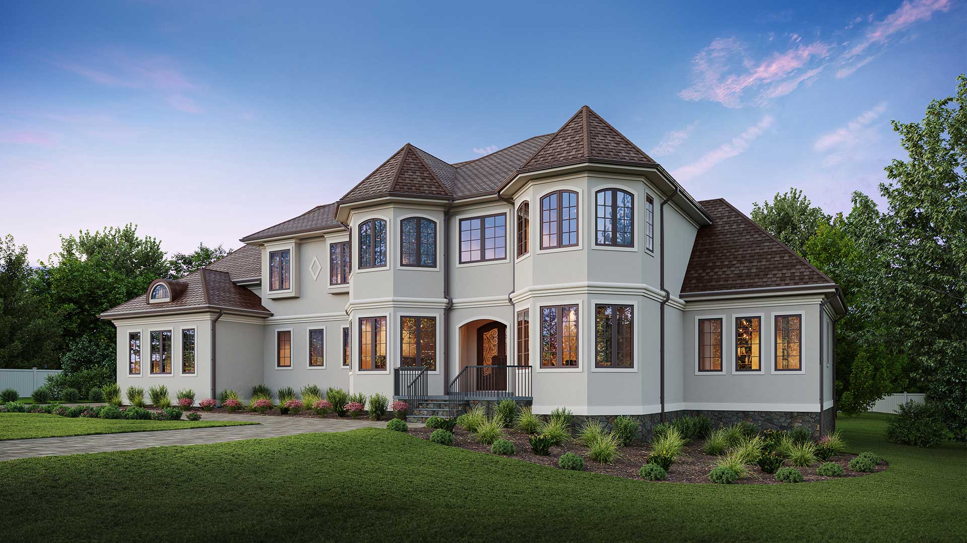 A mediterranean style front exterior in light beige stucco with brown windows and white trim.