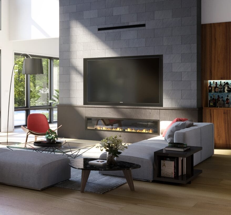 A detail of the contemporary industrial family room, showing oversized block and linear fireplace with stone surround