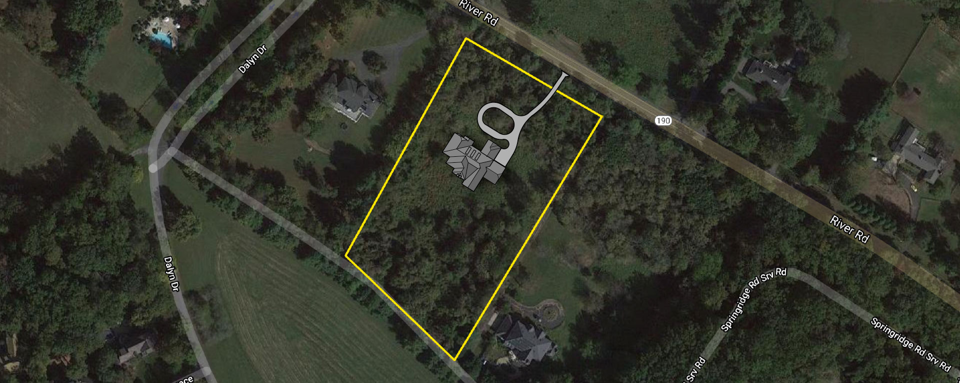 An satellite image showing a site outline on river road with proposed home placement superimposed, including circular driveway