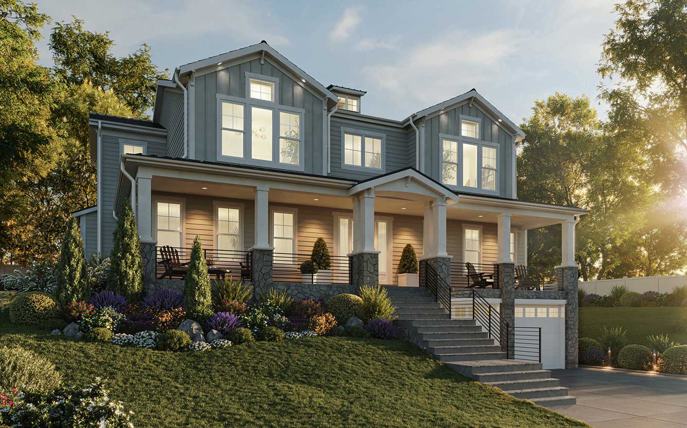 A modern farmhouse with blue board and batten, white windows and trim, full front porch and integral garage.