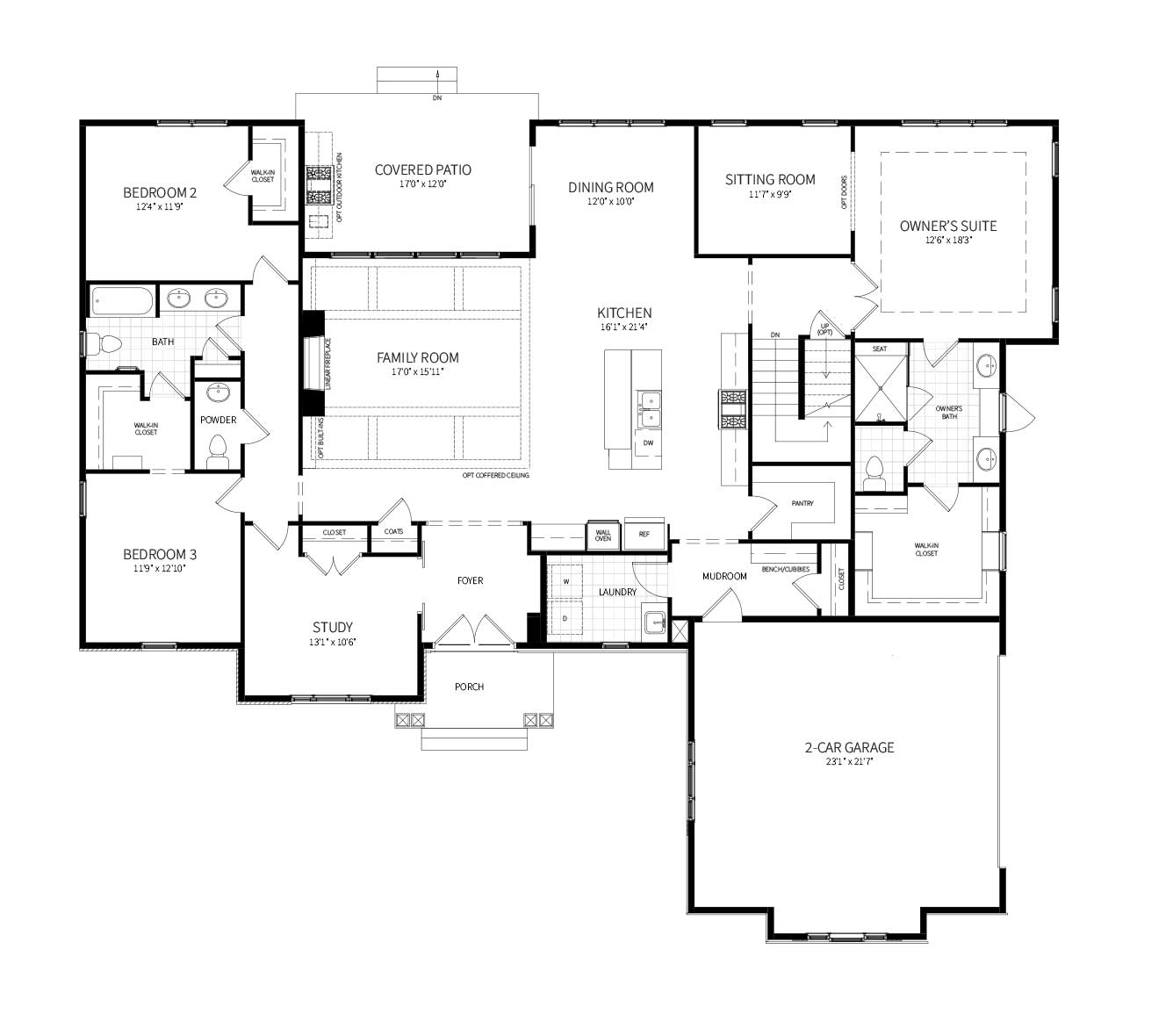 The Strathmore model main level, with private Owner's Suite tucked away to the far side of the house, and expansive Kitchen / Family Room / Dining area.