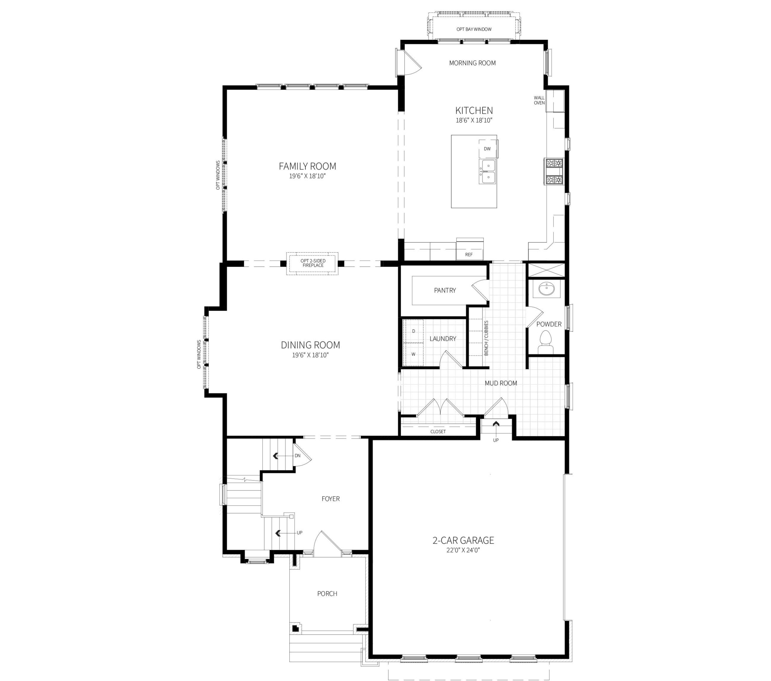 The Woodmont first floor plan, narrow and deep, with a Dining Room and Family Room separated by a 2-sided fireplace.