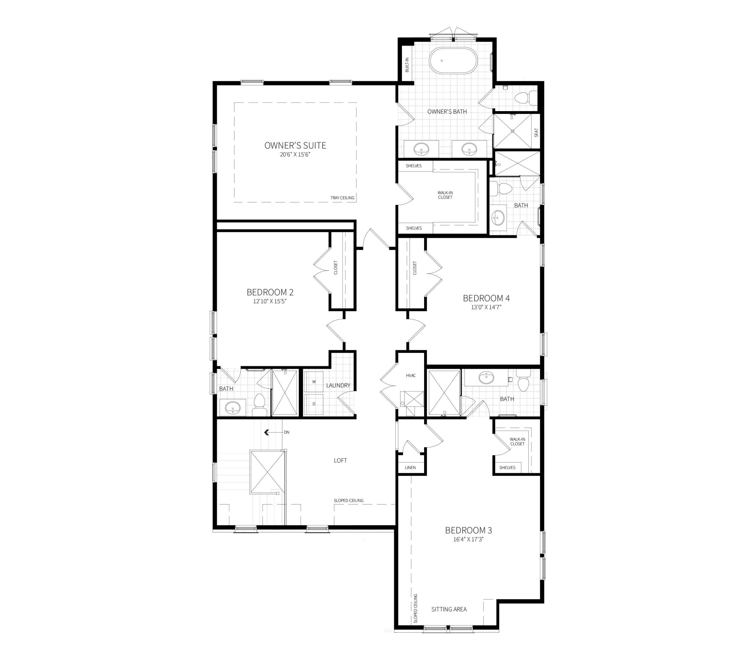 The second floor plan for the Woodmont, featuring a Loft, and 4 bedrooms, each with a private bath.