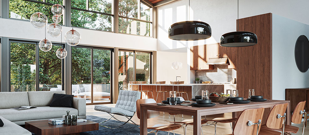 Image showing an impressive wall of glass doors and windows, blending the indoors with the woods outside.