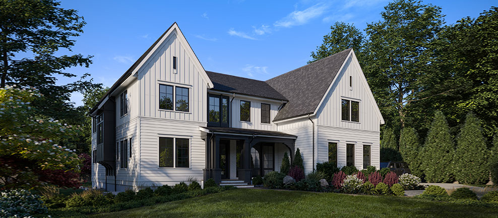 The front exterior of a custom modern farmhouse with white board and batten with dark windows and accents.