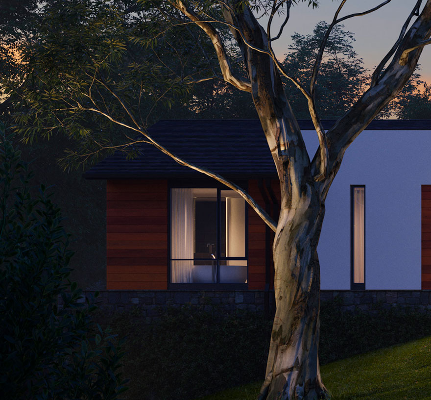 An image showing an exterior detail of a California Modern home blending with a wooded setting.