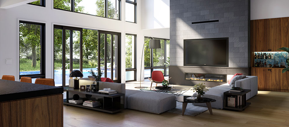 Image showing a family room linear fireplace and sliding glass doors open to the patio and swimming pool.