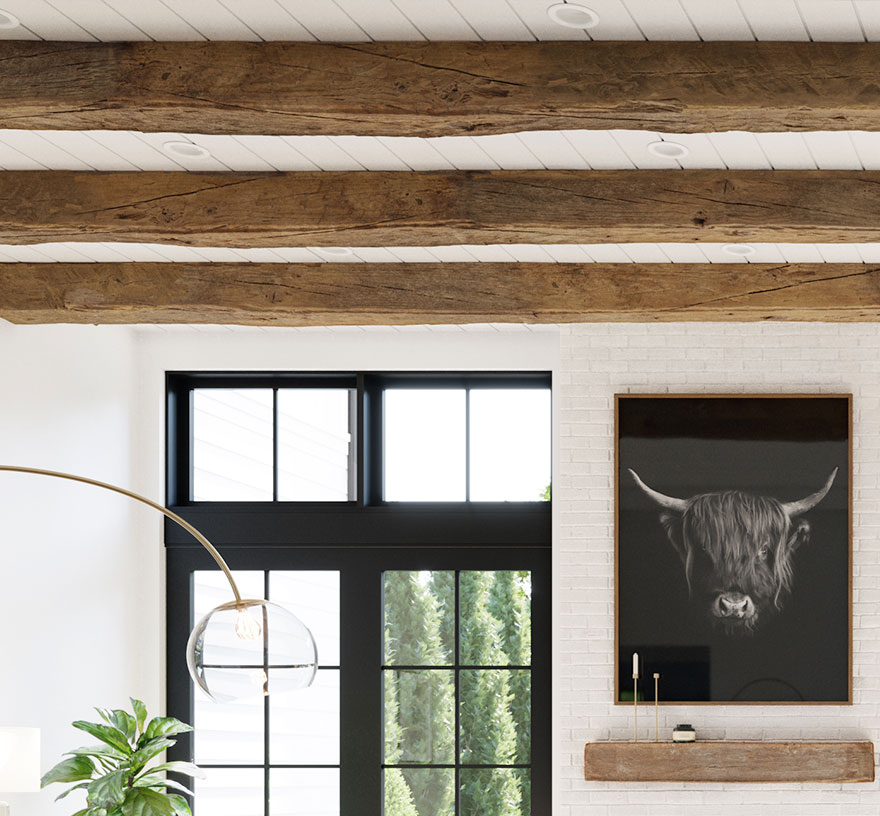 A close image of rustic natural exposed beams and fireplace mantel, dark windows in the background, far fall painted white brick