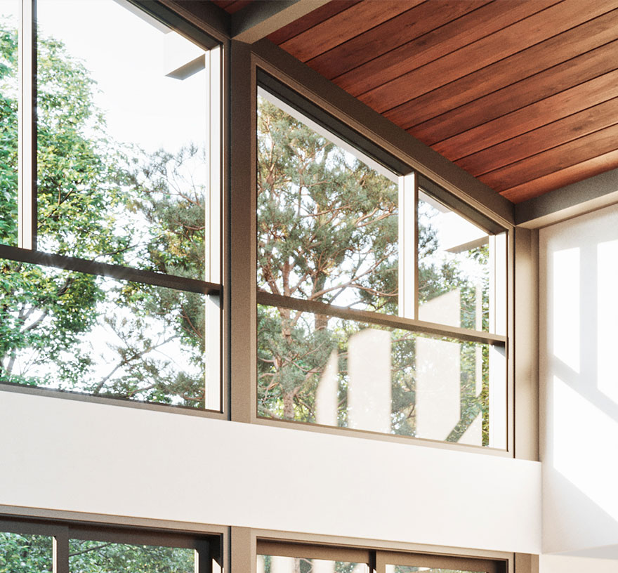 An image showing a detail of tall custom windows, wood paneled ceiling and the outdoors.