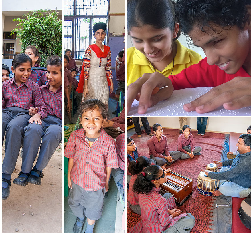 A collage of children learn and playing at the Patiala School for the Deaf and Blind in rural India,